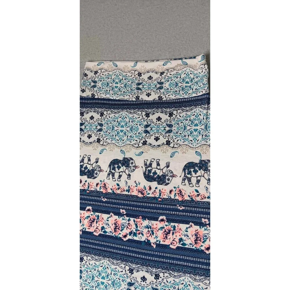 Bohemian Elephant Pattern Side Slits Maxi Skirt Small Blue Summer Beach Festival